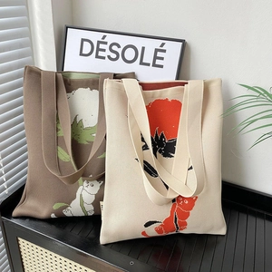 Chic knit tote bags with cute floral and cat patterns in brown and beige tones