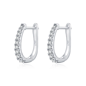 S925 sterling silver hoop earrings set with sparkling round moissanite on white background