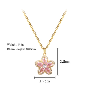 Detailed dimensions of pink floral pendant necklace with crystal pavé and gold chain