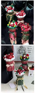Close-up of Christmas apple gift box with red and green paper base and festive ribbons