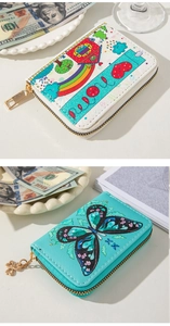 Detail of floral butterfly embossed faux leather mini wallets with smooth zipper closure