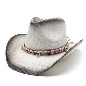 Western Stroh-Cowboyhut mit Muschelbesatz und grauem Verlaufsrand für Sommer-Sonnenschutz