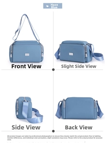 Bolso bandolera de nailon azul bruma visto de frente, de lado y por detrás para detalles