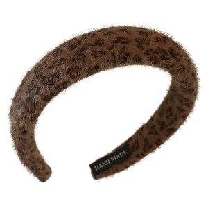 Brown leopard print plush headband with high sponge crown and hand made label