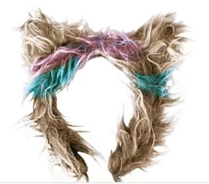 Detailed view of plush wolf ears headband with brown and purple faux fur texture