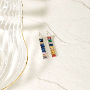 Elegant rainbow square zircon drop earrings with colorful gemstones in silver setting