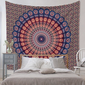 Detailed macro view of bohemian mandala tapestry fabric with intricate patterns and vibrant colors