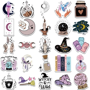 Collection of 25 bohemian witch stickers with moon child and occult illustrations