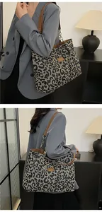 Detail of leopard print tote bag with leather strap and fashion label on textile texture