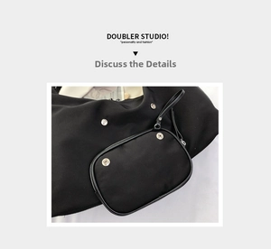Detail of black nylon shoulder bag showing silver snap button and zipper closure