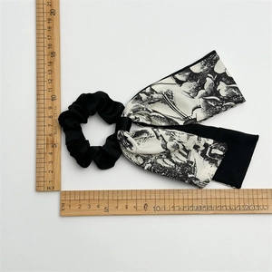 Elegant Chinese floral satin hair scrunchie with bow streamers and vintage patterns