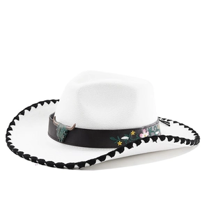 White western cowboy hat with bull skull metal accessory and floral embroidery