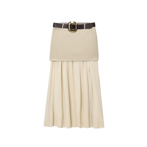 Chic beige color-block midi skirt with brown leather belt and oval gold buckle