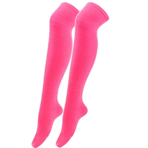 Close-up of neon pink knitted over-the-knee socks showing soft texture and vibrant color