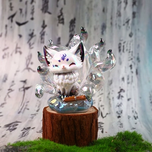 Mythical Nine-Tailed Fox crystal figurine with aurora finish on a wooden base