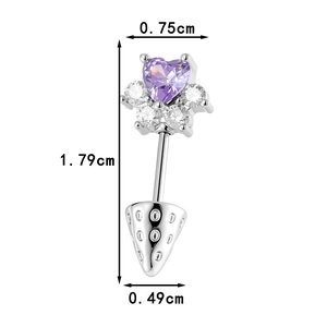 Silver piercing jewelry featuring a purple heart zircon and strawberry-shaped pendant