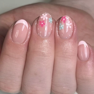 Pink French Tip Press On Nails Short Round Sweet Floral Pattern Minimalist ABS Full Cover False Nails For Women