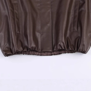 Dark brown PU leather jacket featuring elastic hem and side pocket stitching details