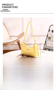 Yellow faux leather underarm bag with crocodile pattern and detailed size dimensions