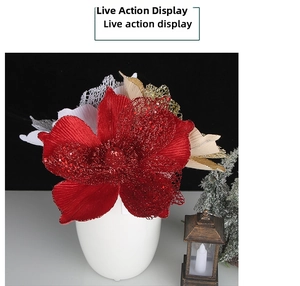 Red poinsettia flower with glitter petals and lace leaves in a ceramic vase decor
