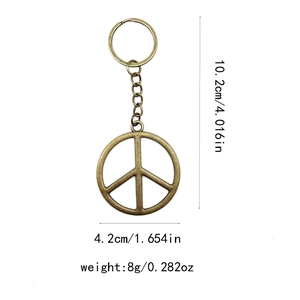 Vintage bronze peace sign keychain with dimensions 10.2cm length and 4.2cm diameter