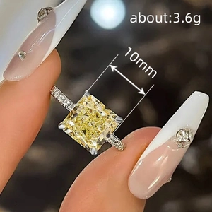 Square yellow gemstone ring in silver finish with pavé set accents and 10mm main stone