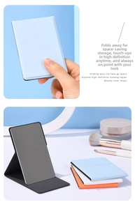 Slim folding PU leather makeup mirror with portable stand available in multiple colors
