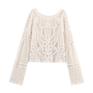 Women Cream Crochet Hollow Out Knitted Top Round Neck Long Sleeve Bohemian Elegant Retro Cropped Sweater