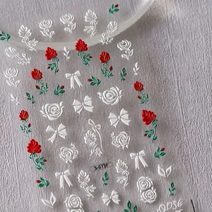 3D Relief Nail Art Stickers Embossed Ultra Thin Flower Heart Rose Strawberry Bow Self Adhesive Transparent DIY Manicure