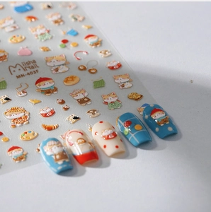 3D relief nail stickers featuring cartoon cats in festive outfits for professional manicures