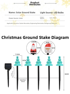 Solar Christmas stake lights featuring Santa, snowman, and tree icons with size specs