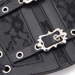 Black lace-up corset belt with PU leather, silver metal buckles and elastic details