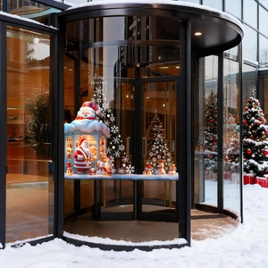 Christmas snowman window stickers with Santa and trees on mall glass doors