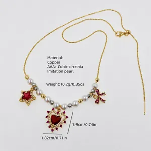 Detailed macro view of 18K gold plated copper necklace with zircon and pearls