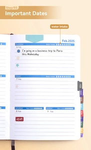 Detail view of the 2025 February calendar page with monthly index tabs and water intake tracker