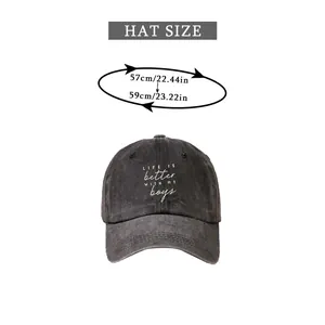 Size chart showing head circumference 57-59cm for washed charcoal baseball cap with print