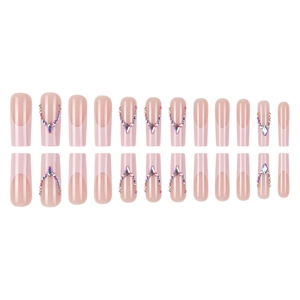 Long coffin press-on nails in light pink French style with rhinestones and glitter crystals