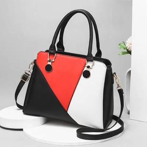 Three-color contrast leather tote bag for women with dual handles and gold-tone hardware