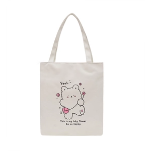 Minimalist beige oxford tote bag with cute cartoon bear print and black lettering