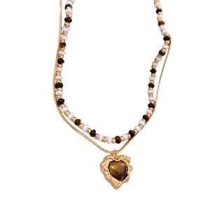 Double layer gold plated heart necklace featuring faux tiger eye stone beads
