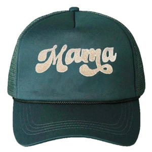 Dark green mesh trucker hat with white Mama embroidery and adjustable sun protection