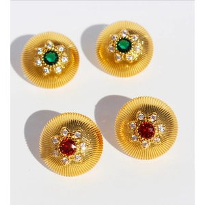 French Vintage Round Brass Stud Earrings With Zircon Starburst Pattern 925 Sterling Silver Earring Post Elegant Women