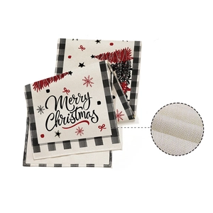Linen Christmas table runner with black and white plaid border and festive tree design