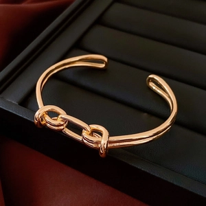 Bracciale Aperto Nodo Rame Placcato Oro 18K Minimalista Ovale Maglia Catena Regolabile Moderno Gioielli Eleganti