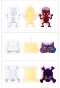 Detailed views of skeleton and ghost silicone molds with colorful resin finish samples