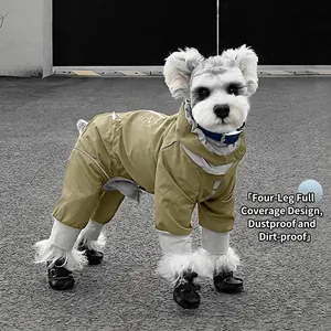 Waterproof khaki green dog raincoat with four-leg full-body coverage and high collar