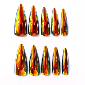 Chic long stiletto press-on nails with vibrant metallic electroplated mirror finish