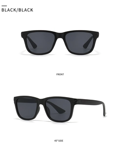 Front and 45-degree side views of classic round black sunglasses with dark lenses