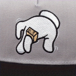 Zweifarbige Hip-Hop-Cap mit flachem Schirm und detaillierter Handschuh-Stickerei auf Grau
