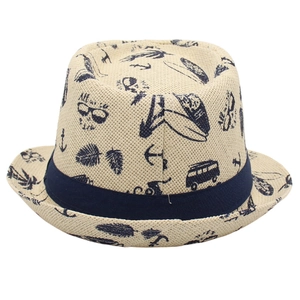 Short brim straw sun hat with summer prints like palm trees and anchors for beach vacations